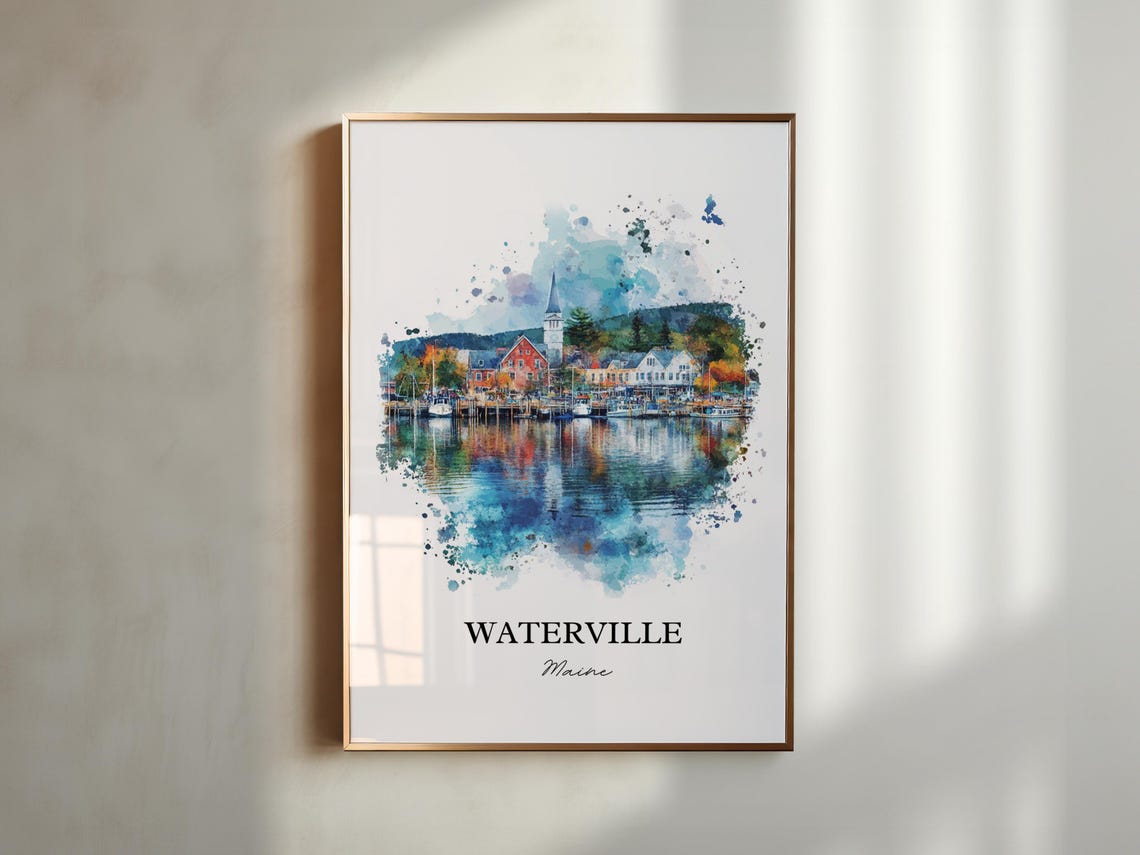 Waterville Maine Harbor Reflection Watercolor Travel Gift Poster - Image 4