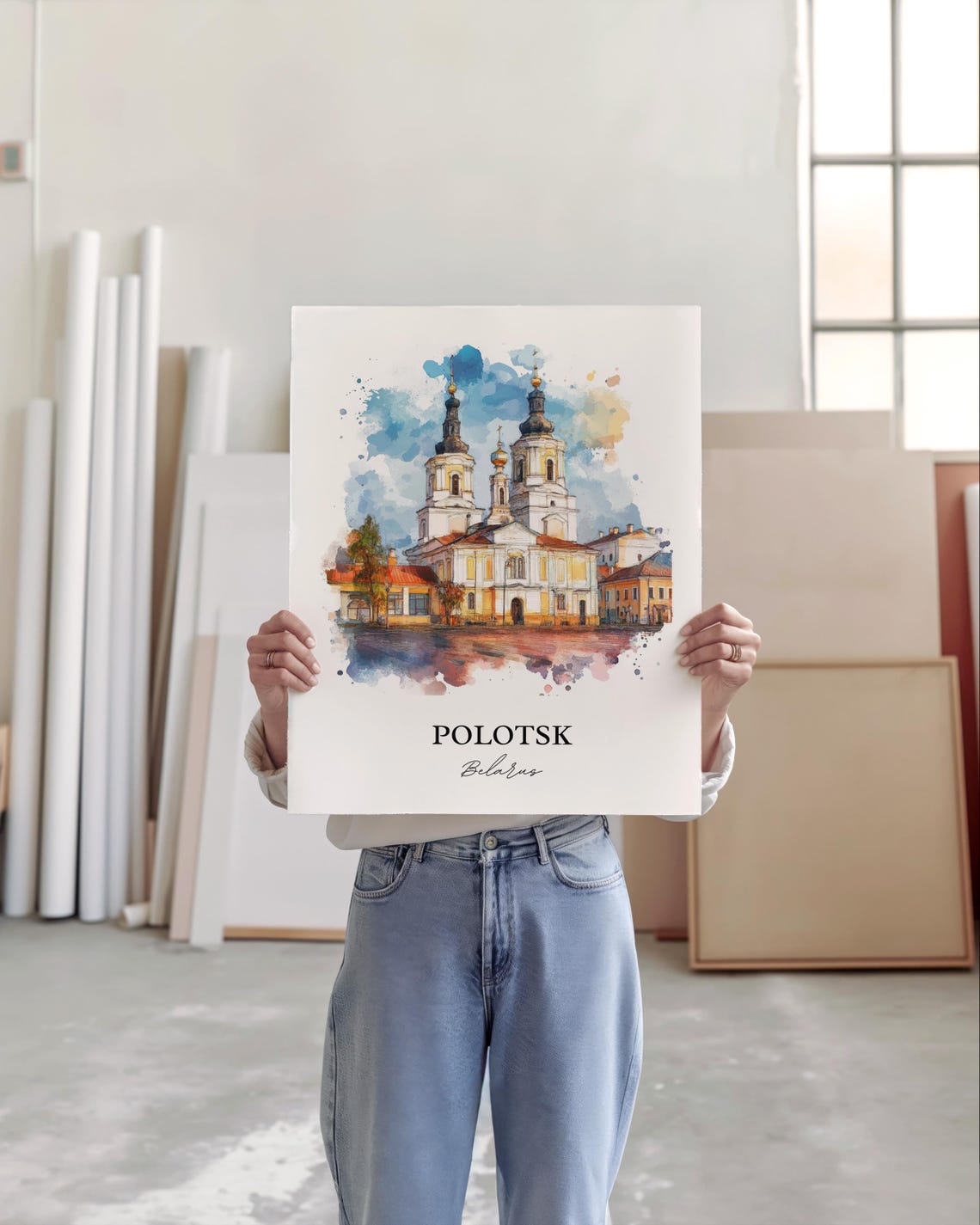 Polotsk Belarus Twin Tower Church Square Scene Watercolor Poster - Image 4