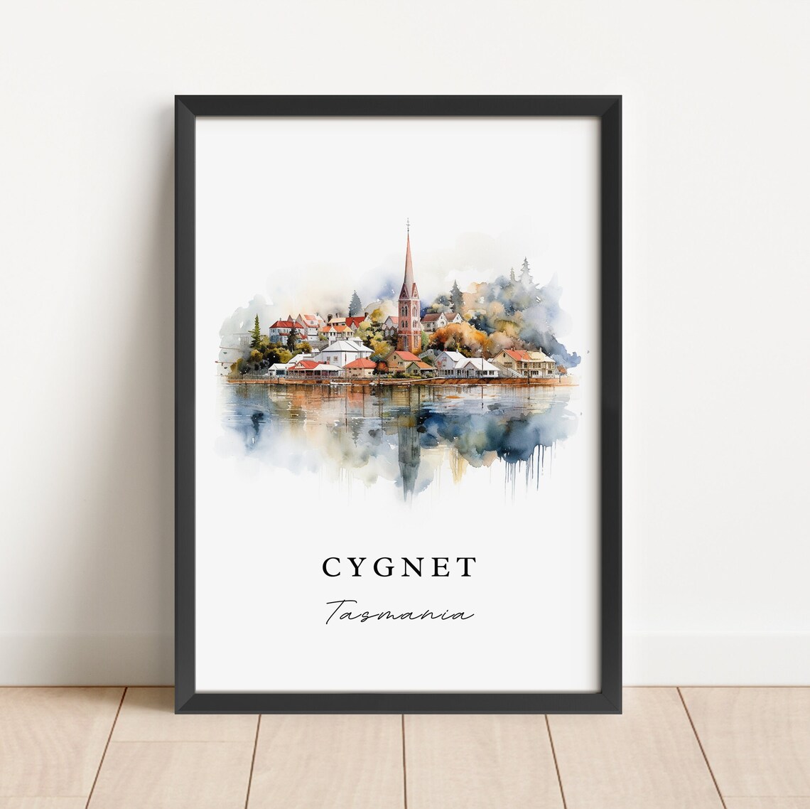 Cygnet Tasmania Harbor Town Church Spire Watercolor Travel Print - Image 3