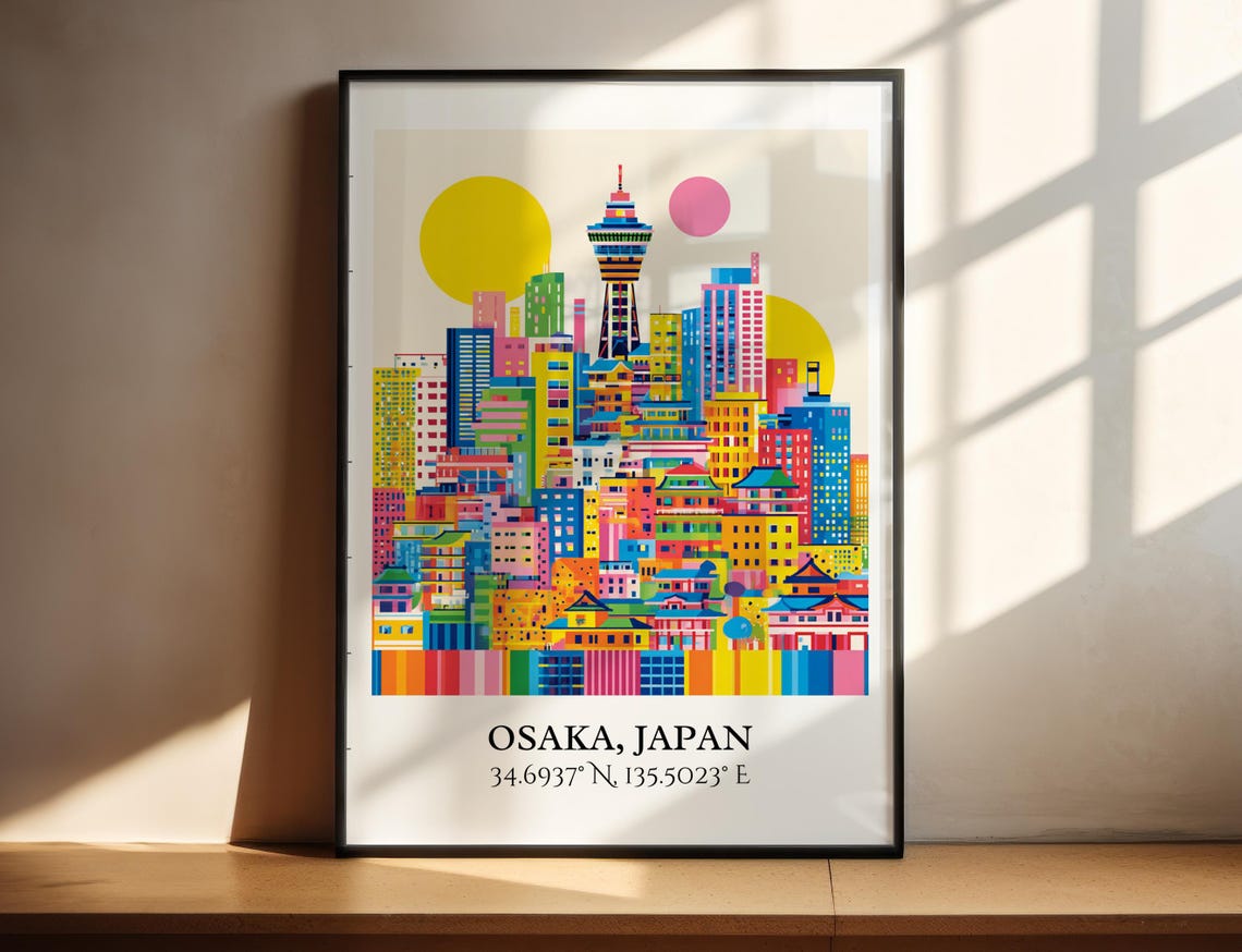 Osaka Japan Pop Art Skyline Tsutenkaku Tower Retro Travel Art Poster