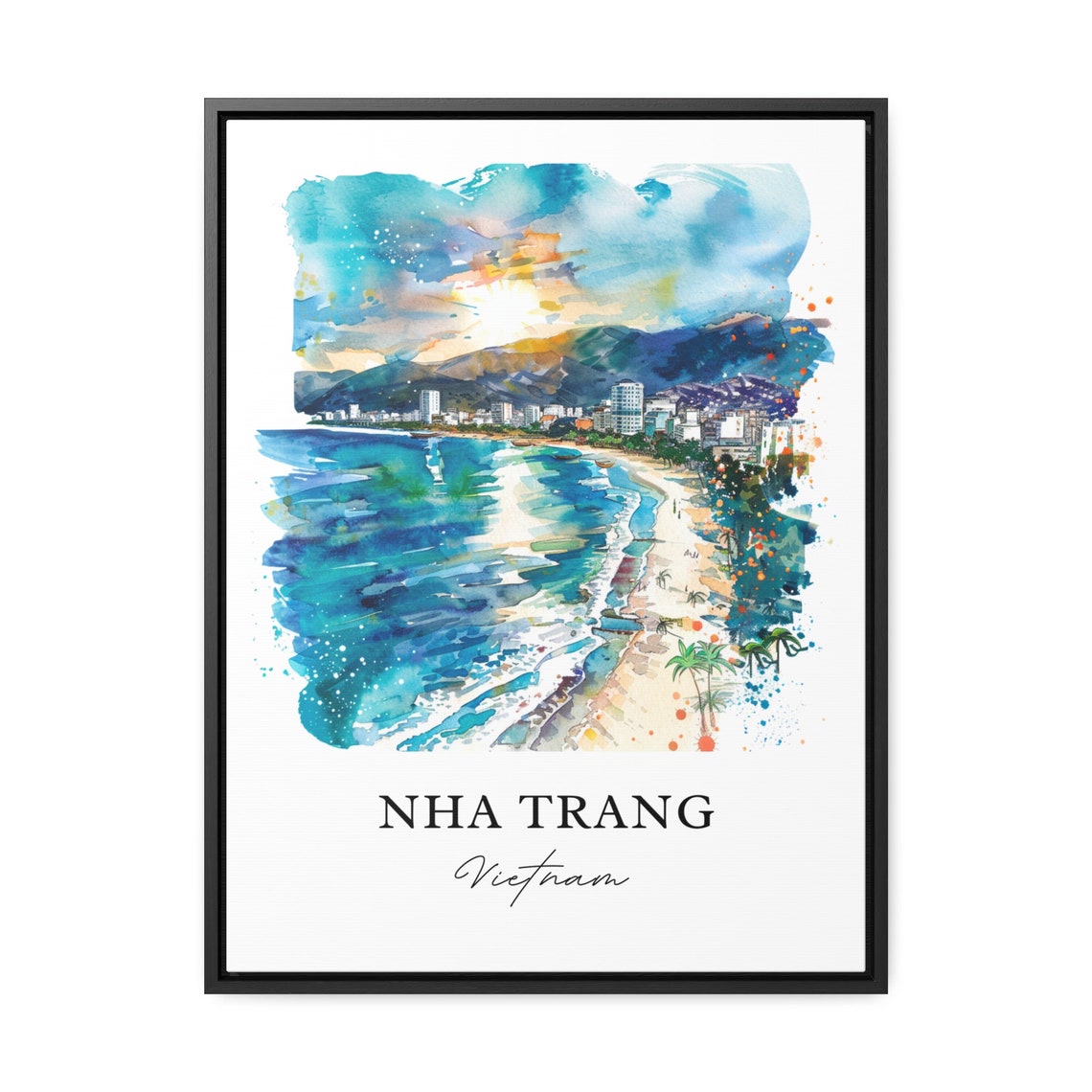 Nha Trang Vietnam Watercolor Turquoise Beach Bay Scene Poster - Image 3