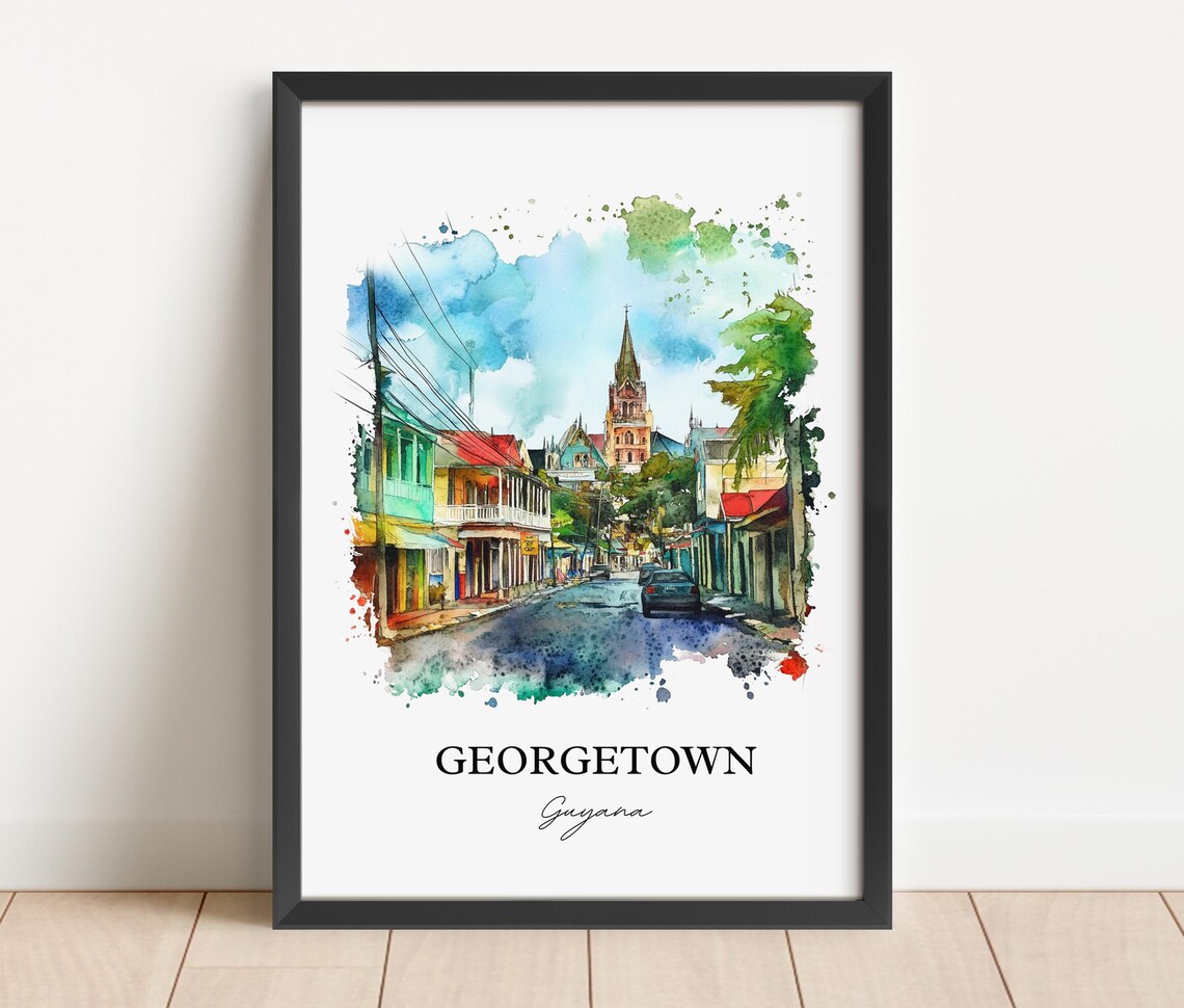 Georgetown Guyana Colorful Street Scene Watercolor Travel Poster - Image 4