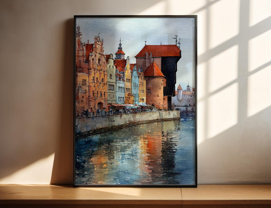 Gdansk Poland Historic Old Town Crane Waterfront Watercolor Poster