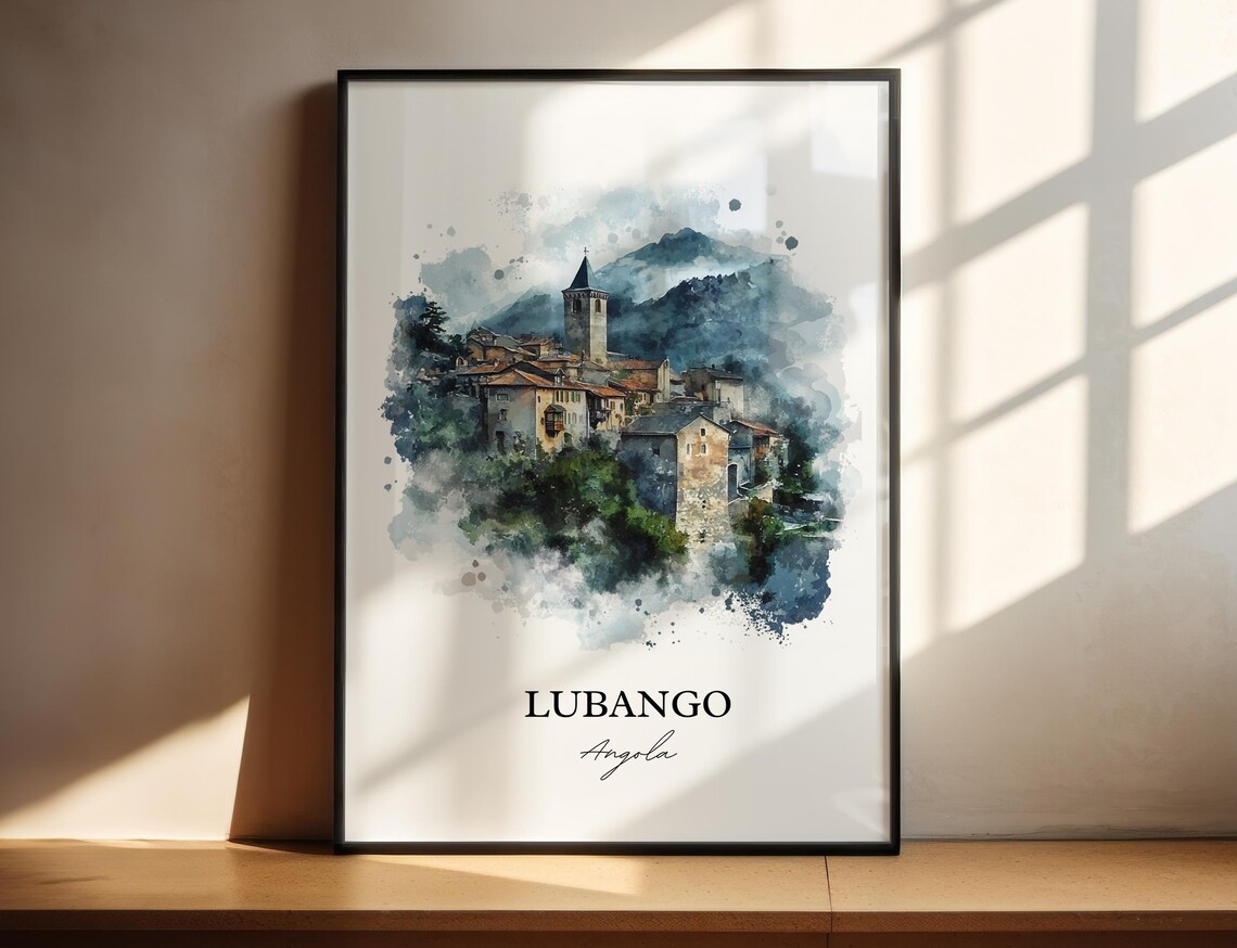 Lubango Angola Hillside Village Church Watercolor Travel Poster
