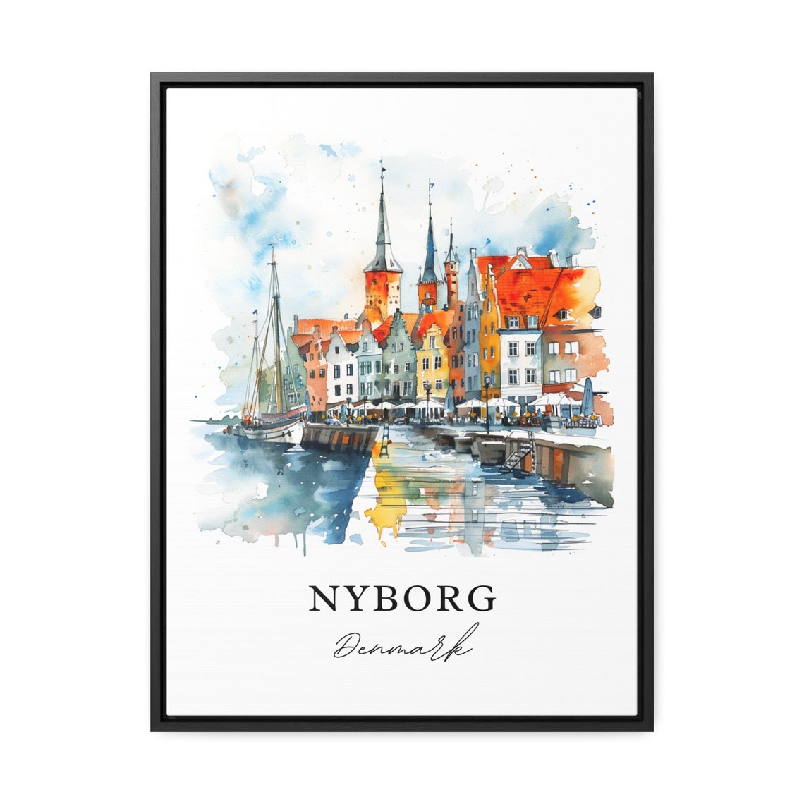 Nyborg Denmark Colorful Harbor Waterfront Watercolor Travel Poster - Image 3