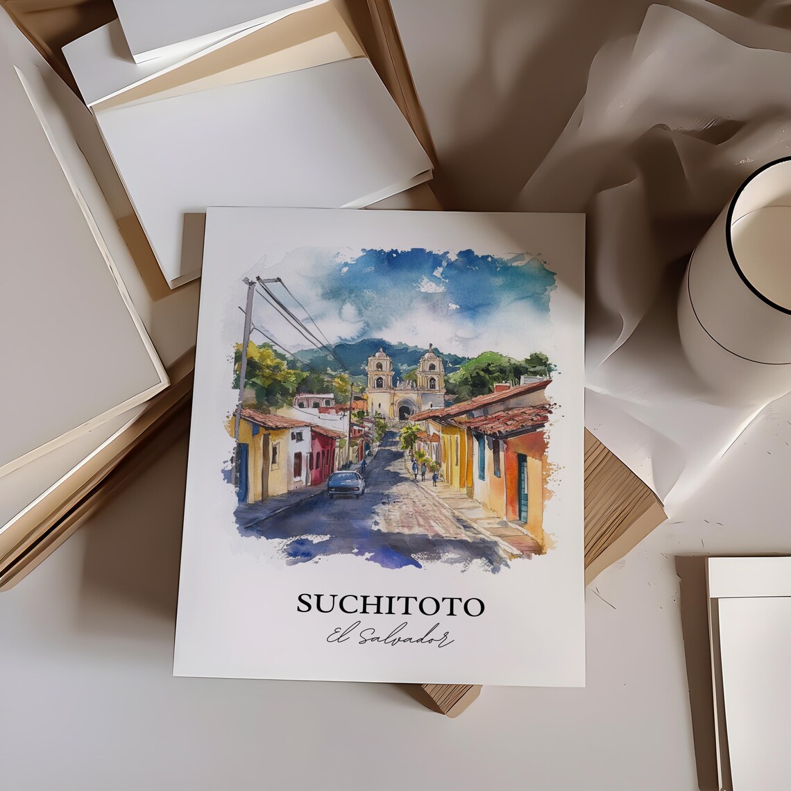 Suchitoto El Salvador Watercolor Colonial Street Church Towers Poster - Image 4
