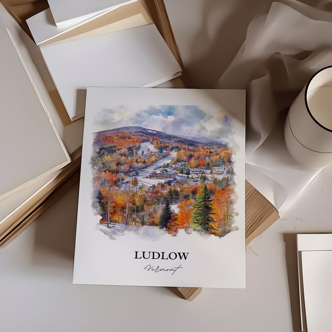 Ludlow Vermont Okemo Mountain Fall Foliage Watercolor Ski Poster - Image 3
