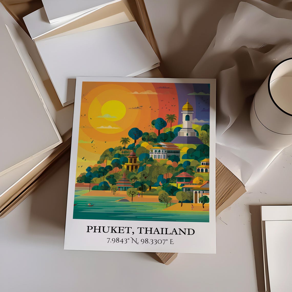 Phuket Thailand Sunset Hill Temple Bell Tower Retro Travel Art Poster - Image 4