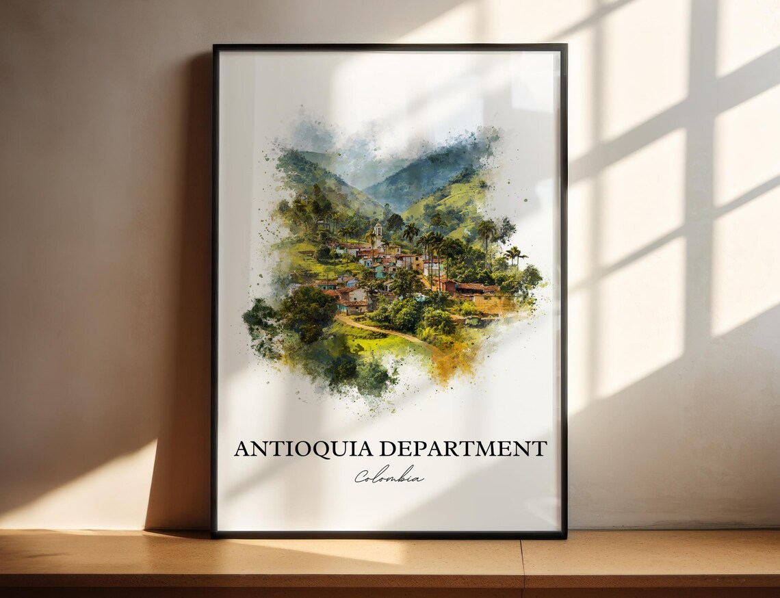 Antioquia Department Colombia Watercolor Village Travel Poster