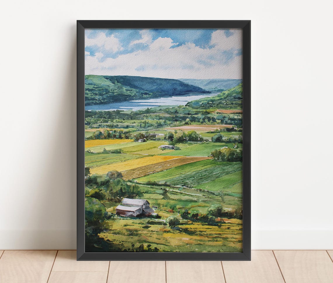 Finger Lakes New York Watercolor Countryside Farm Valley Art Print