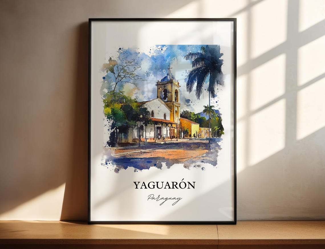 Yaguarón Paraguay Watercolor Colonial Church Town Scene Poster