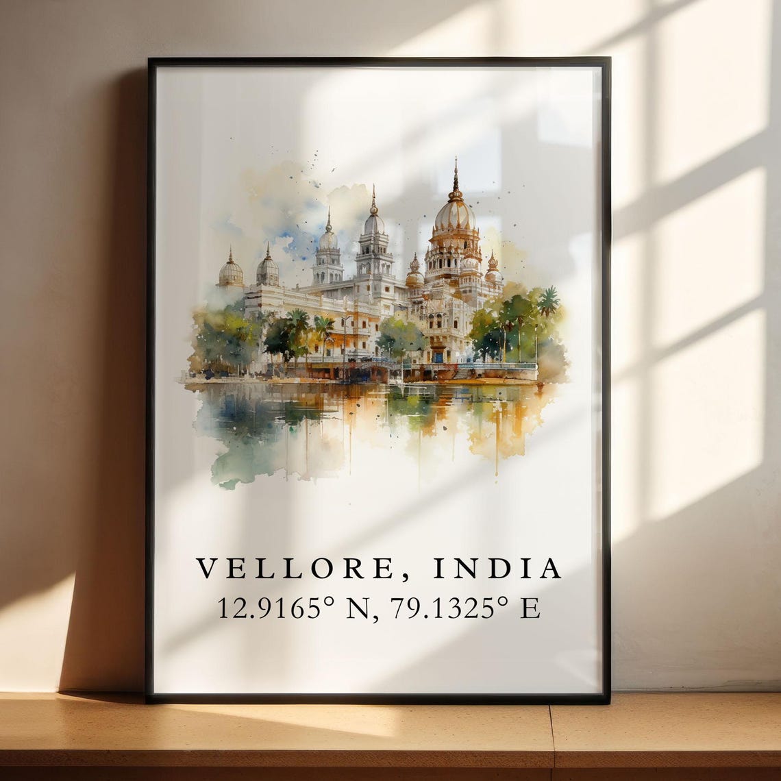 Vellore India Coordinates Golden Temple Reflection Watercolor Poster