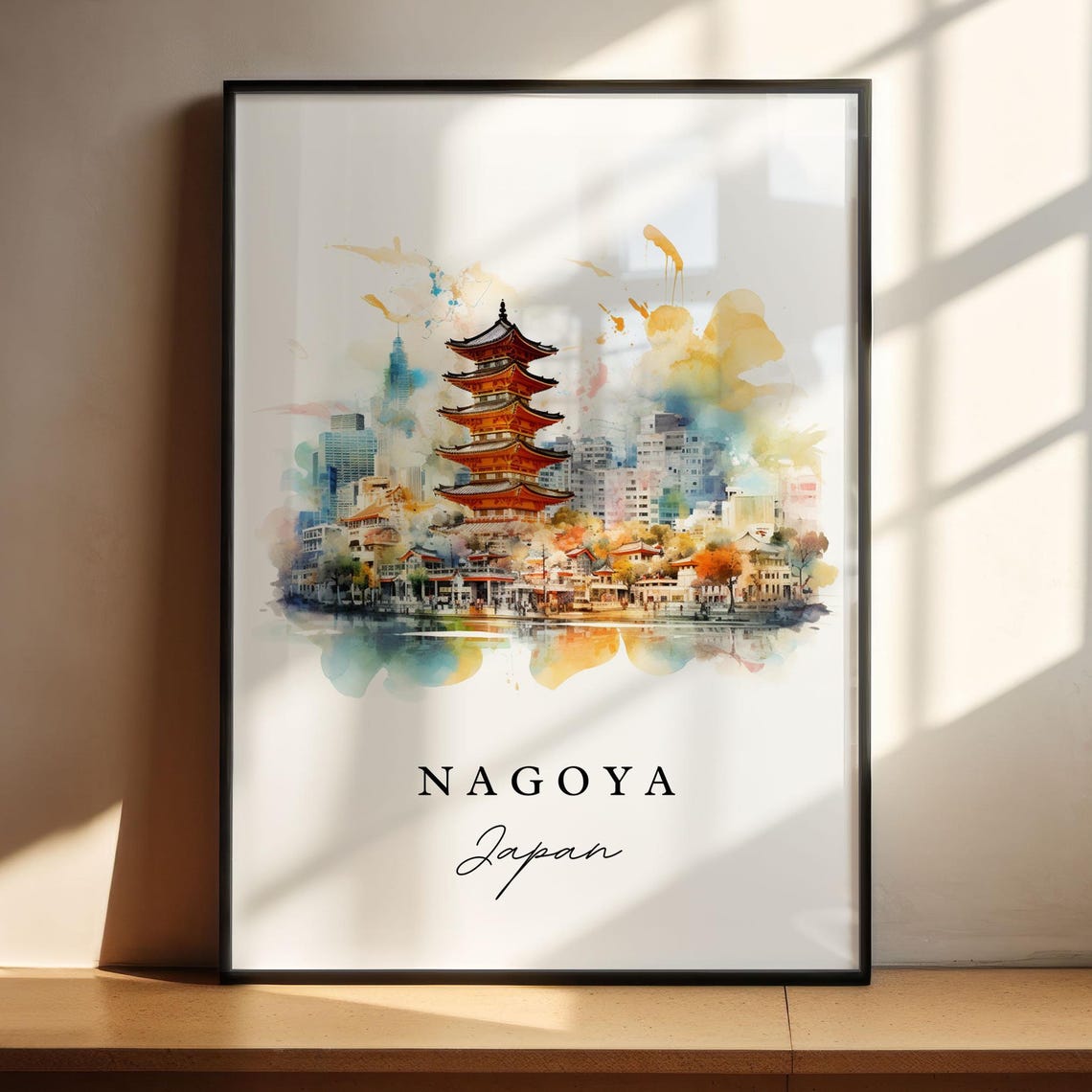 Nagoya Japan Watercolor Five Story Pagoda City Skyline Travel Poster - Image 5