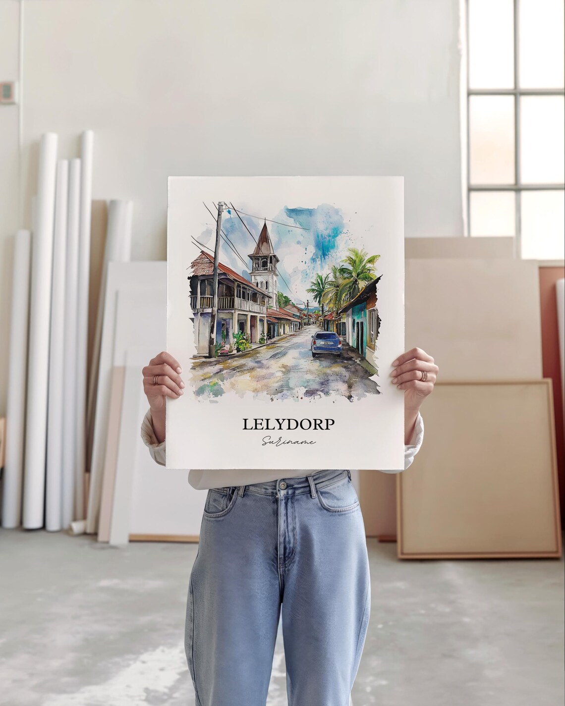 Lelydorp Suriname Church Street Watercolor Travel Art Poster - Image 5
