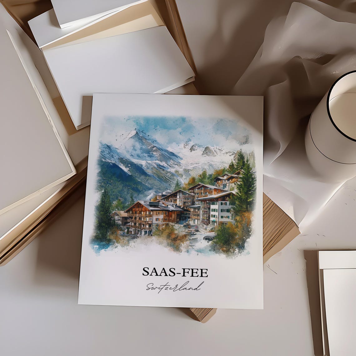 Saas-Fee Switzerland Alpine Village Watercolor Mountain Travel Poster - Image 5