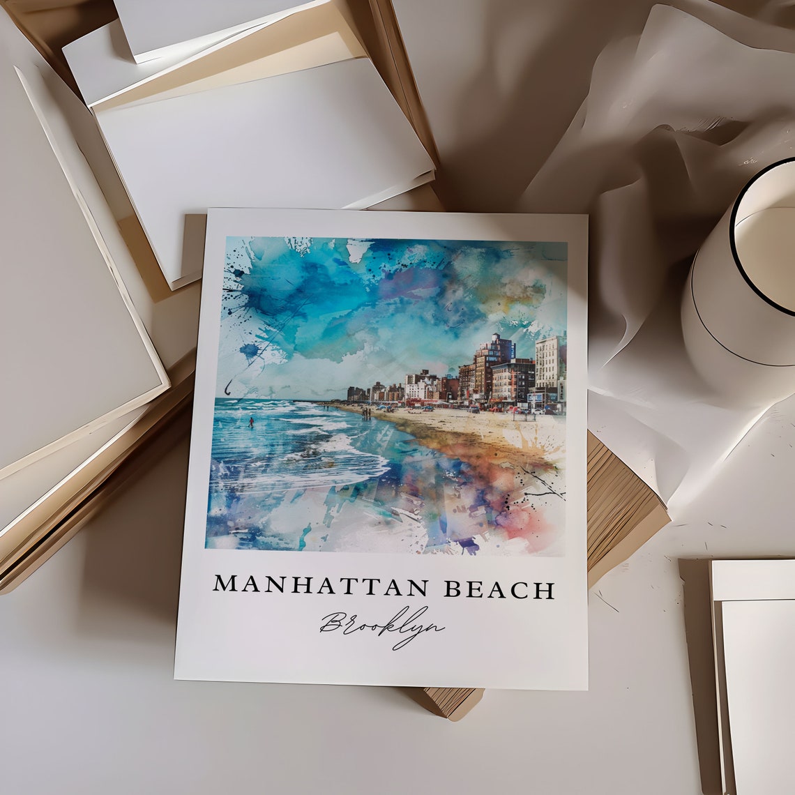 Manhattan Beach Brooklyn New York Watercolor Beachfront Poster - Image 6