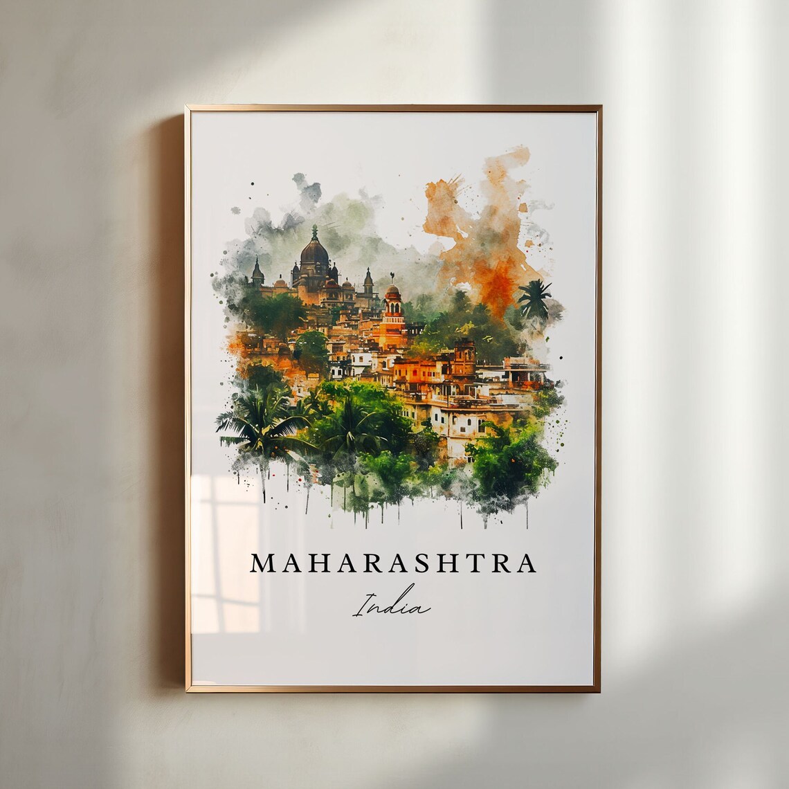 Maharashtra India Hilltop Temple Town Watercolor Travel Art Poster