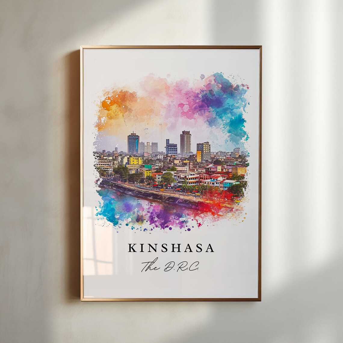 Kinshasa The DRC Riverfront Skyline Watercolor Travel Poster