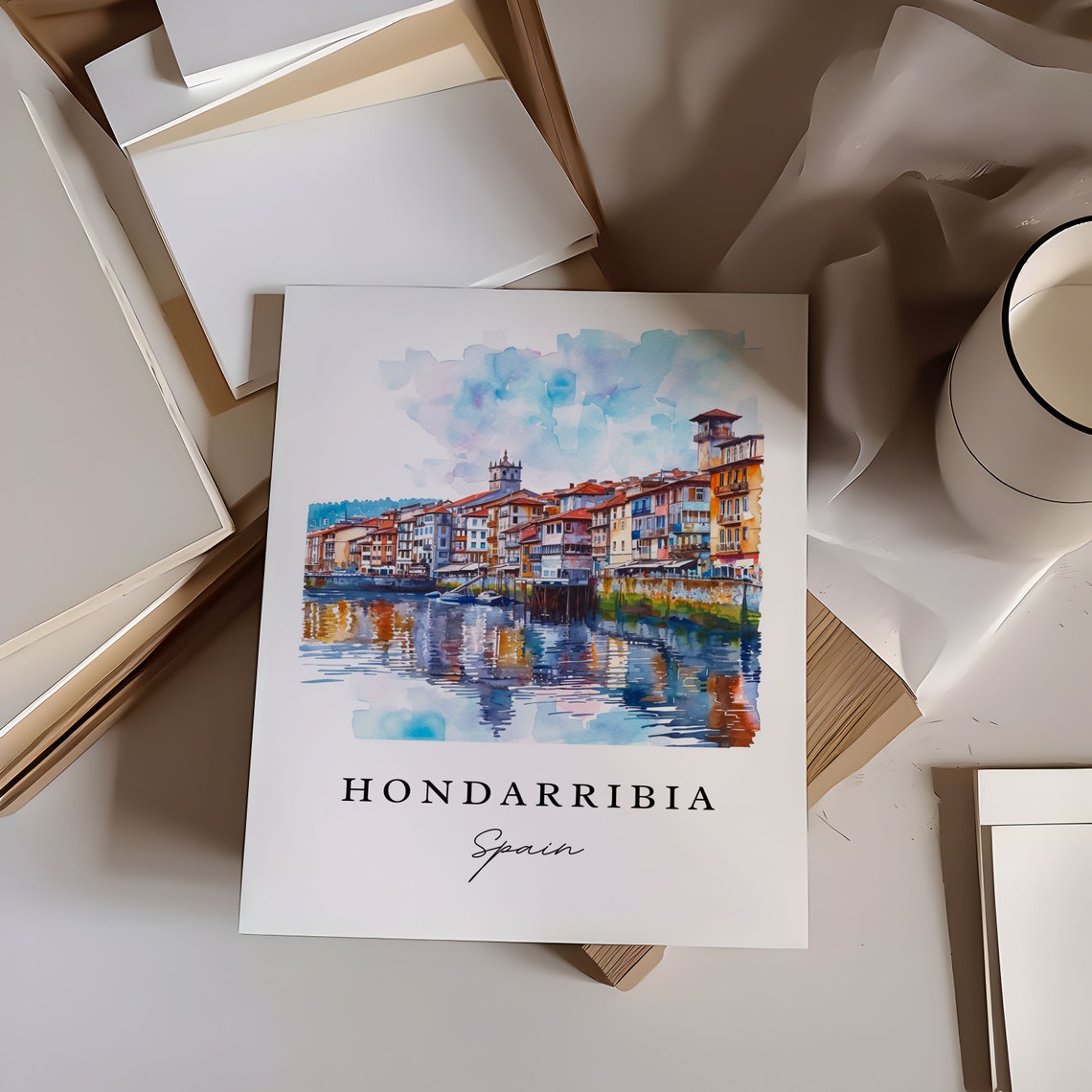 Hondarribia Spain Riverside Old Town Watercolor Travel Poster - Image 6