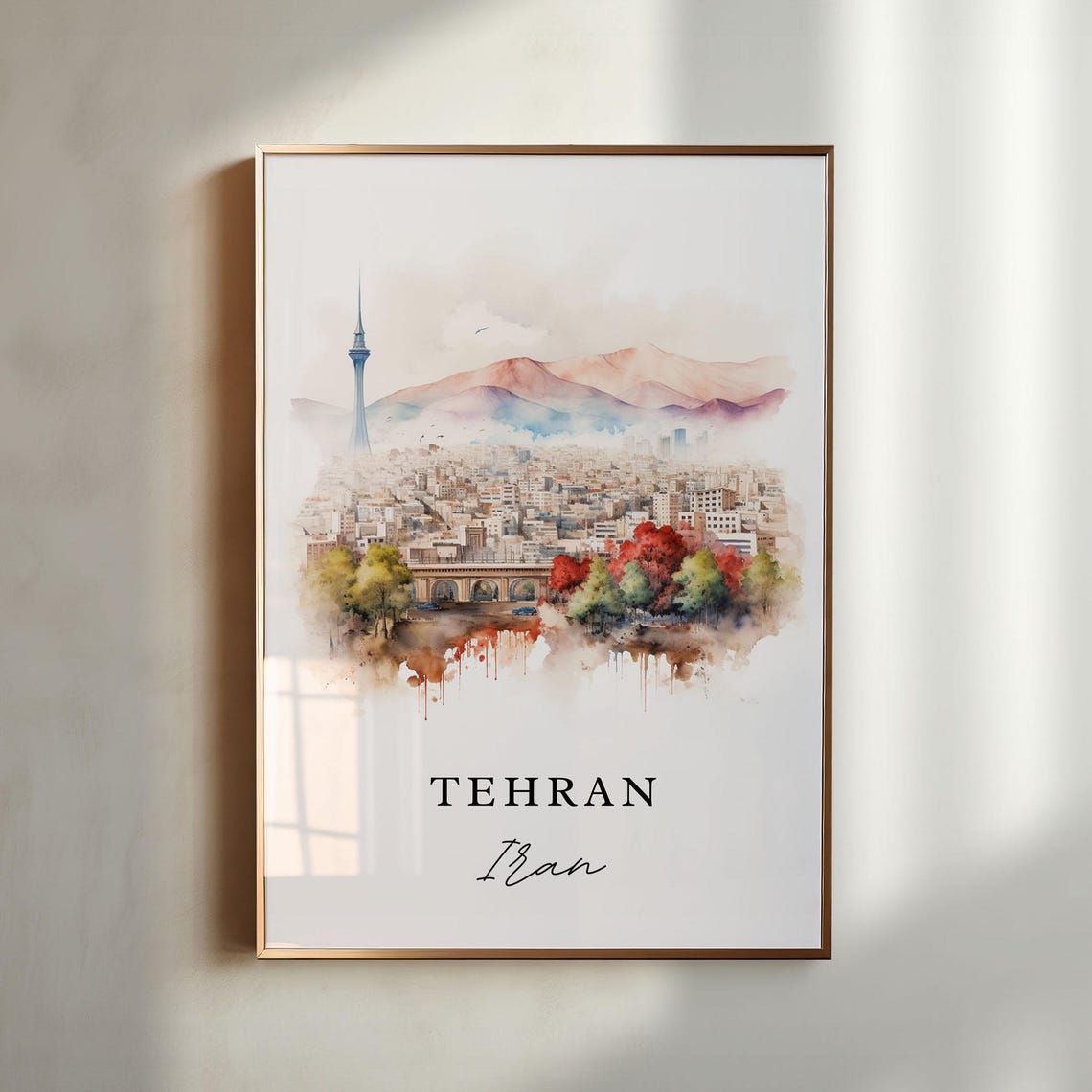 Tehran Iran Watercolor Skyline Milad Tower Mountain City Poster