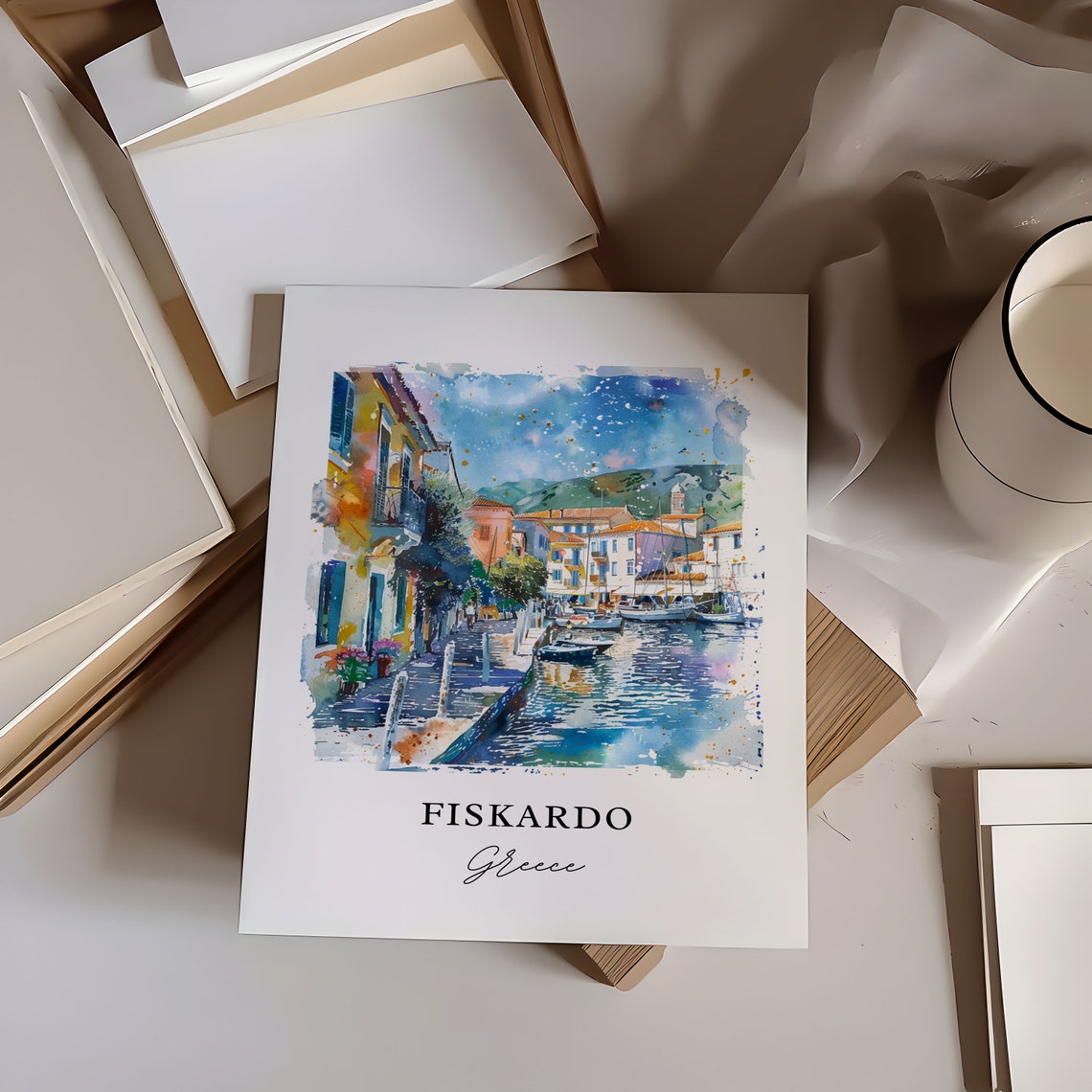 Fiskardo Greece Colorful Harbor Street Watercolor Travel Poster - Image 6