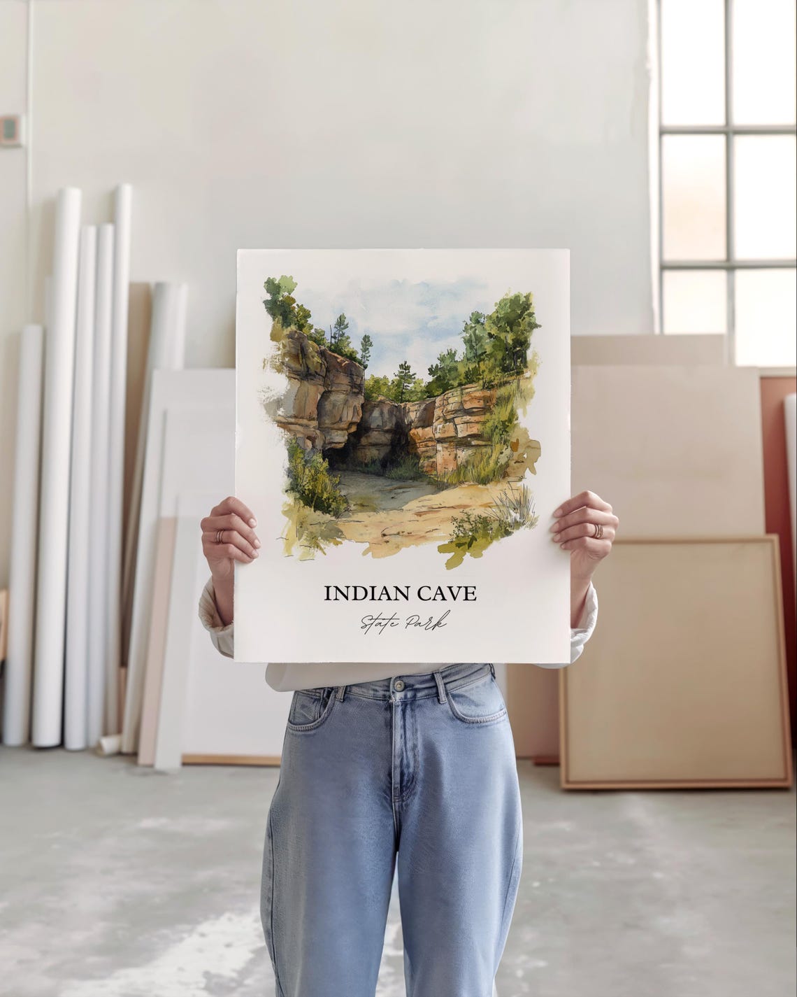 Indian Cave State Park Nebraska Sandstone Cliffs Watercolor Poster - Image 2