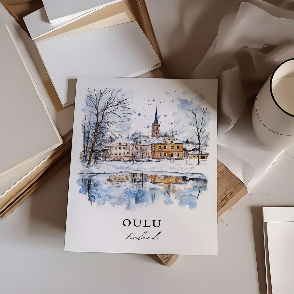 Oulu Finland Watercolor Winter Snow Church Frozen River Poster - Image 6