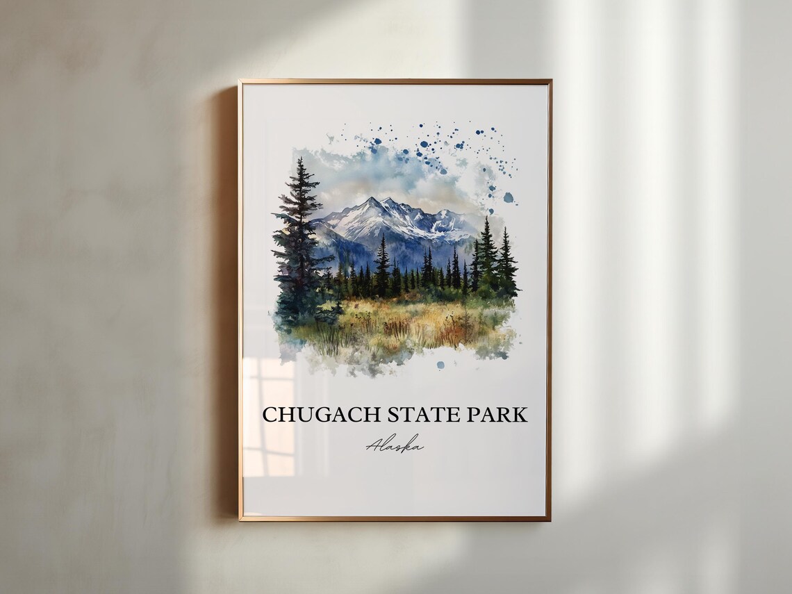 Chugach State Park Alaska Snowcapped Peak Watercolor Travel Poster - Image 2