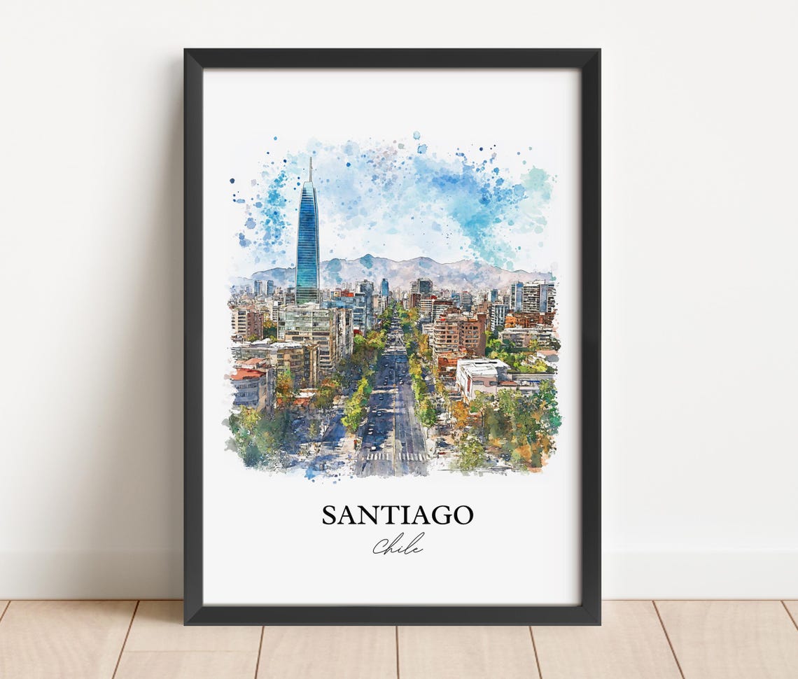 Santiago Chile Grand Avenue Andes Skyline Watercolor Travel Poster - Image 5
