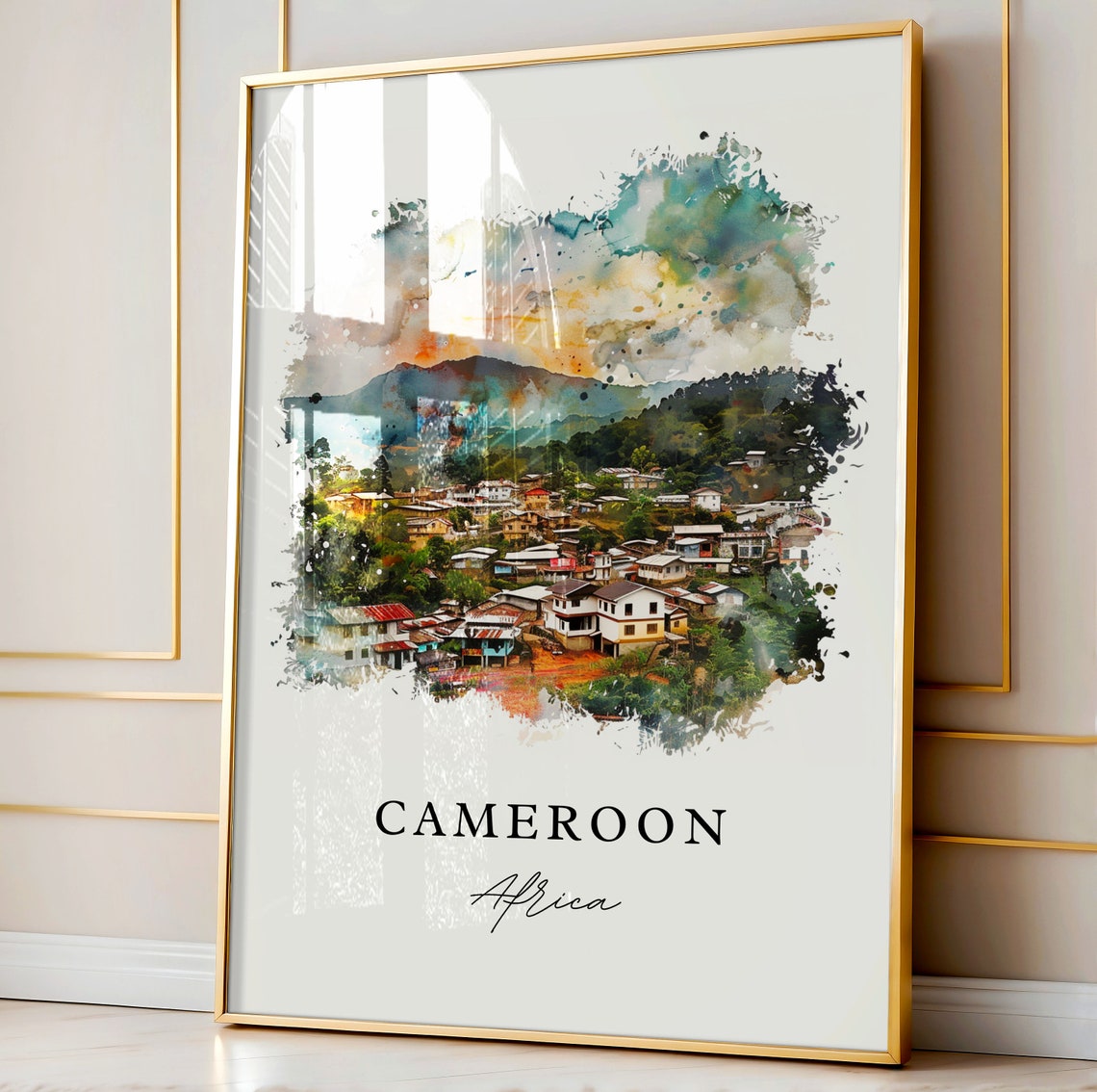 Cameroon Africa Watercolor Hillside Village Mountain Art Print - Image 4