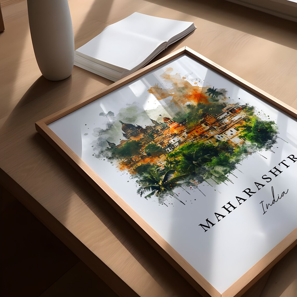 Maharashtra India Hilltop Temple Town Watercolor Travel Art Poster - Image 5