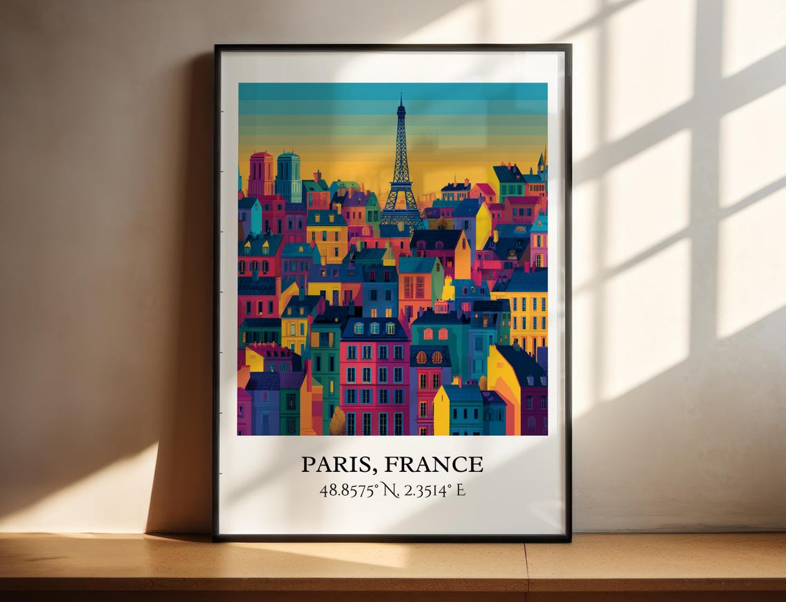 Paris France Eiffel Tower Colorful Rooftops Retro Travel Art Poster