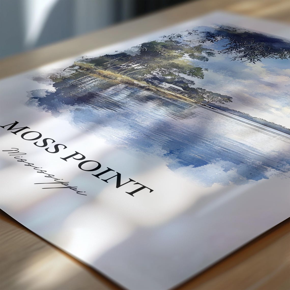 Moss Point Mississippi Calm Bay Water Trees Watercolor Art Poster - Image 6