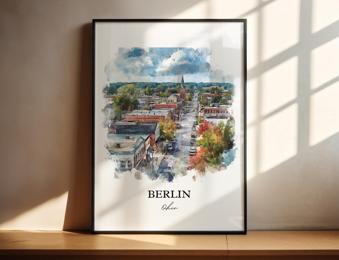 Berlin Ohio Historic Downtown Overlook Watercolor Travel Poster