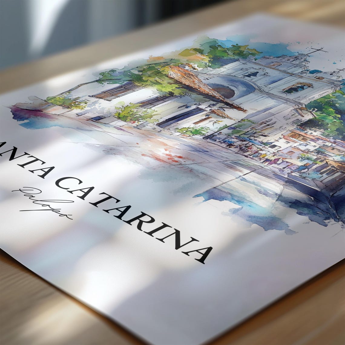 Santa Catarina Palopó Guatemala Watercolor Cobblestone Church Poster - Image 3