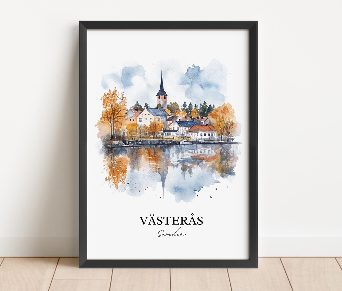 Vasteras Sweden Autumn Lakeside Town Watercolor Travel Poster - Image 2