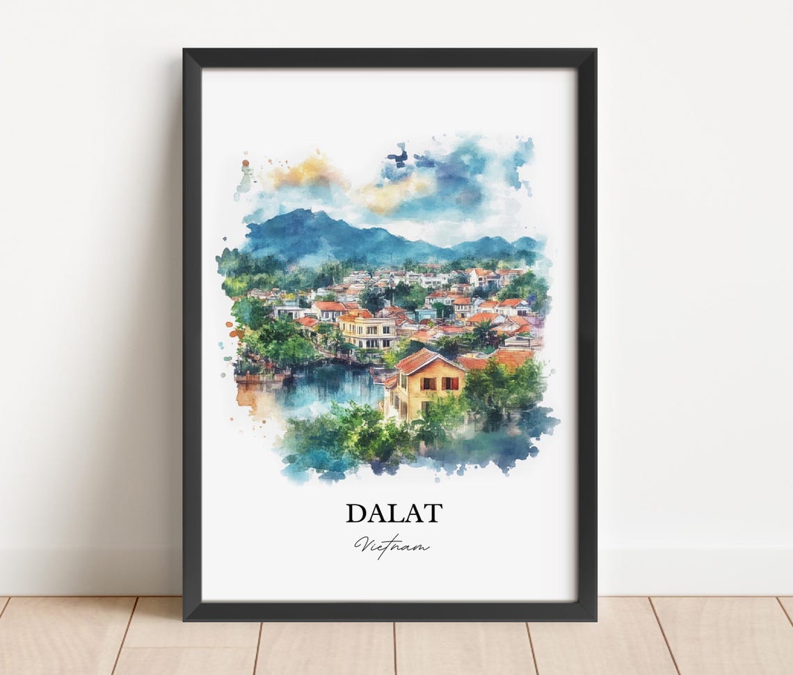 Dalat Vietnam Watercolor Art Misty Highland Town Lake Poster - Image 2