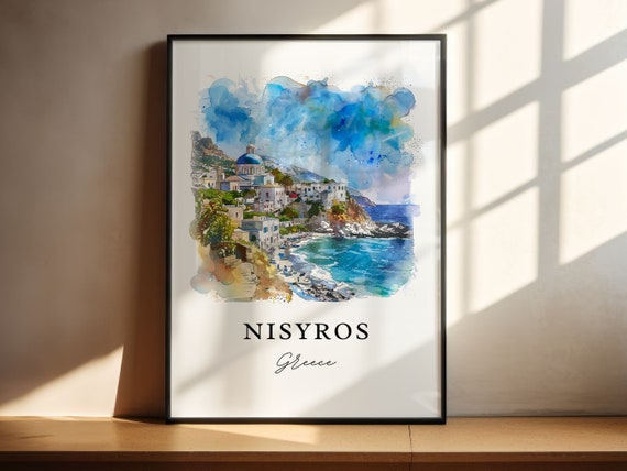Nisyros Greece Watercolor Travel Poster, Island Art