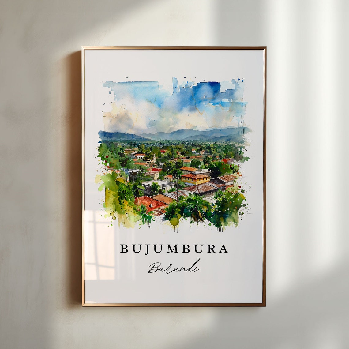 Bujumbura Burundi Lakeside City Panorama Watercolor Travel Poster
