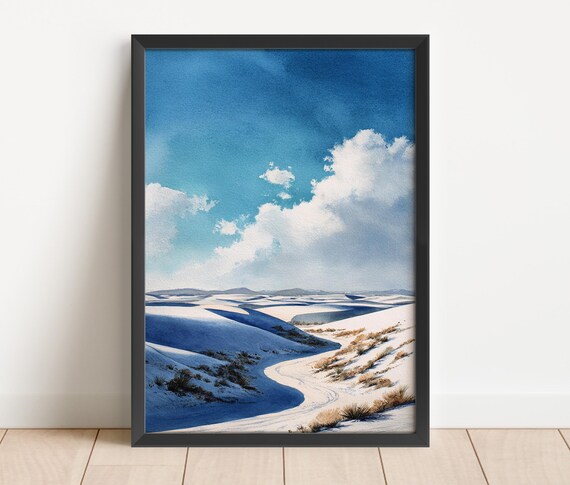 White Sands New Mexico Watercolor Dunes Blue Sky Desert Landscape Wall Art