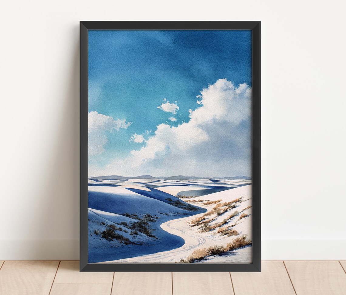 White Sands New Mexico Watercolor Dunes Blue Sky Desert Landscape Wall Art