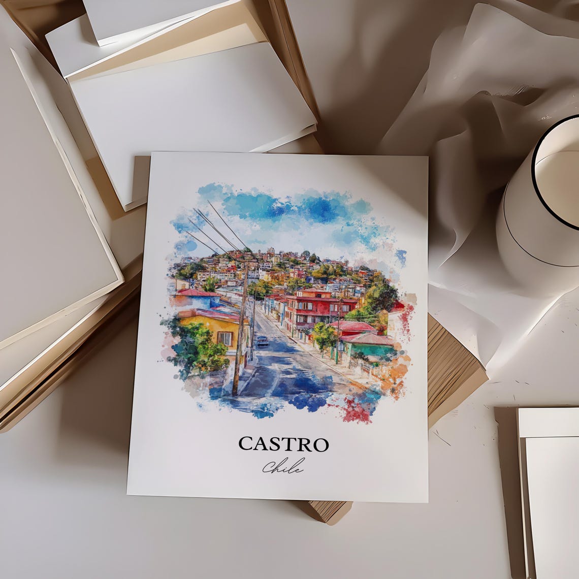 Castro Chile Watercolor Hillside Street Scene Art Travel Poster - Image 2