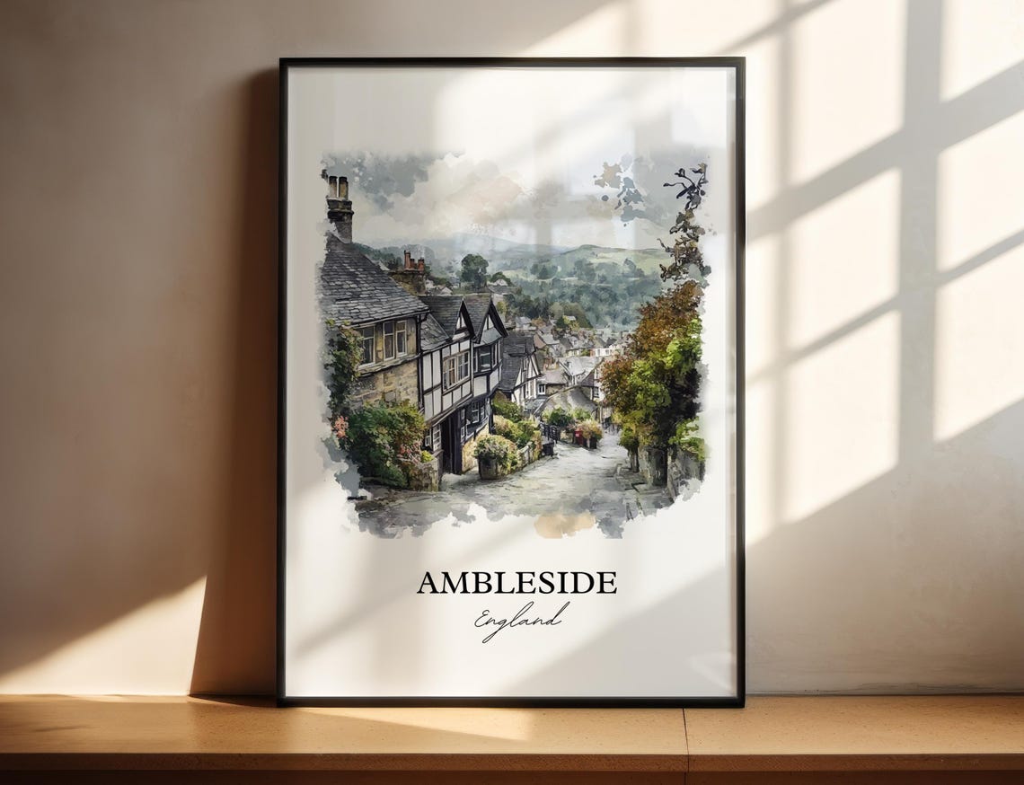 Ambleside England Village Street Watercolor Hillside Travel Art Poster