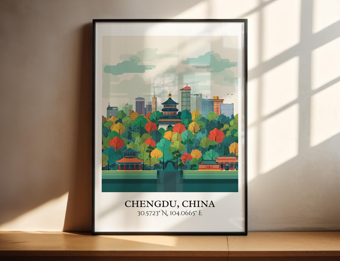 Chengdu China Temple Park Autumn Trees Skyline Travel Poster