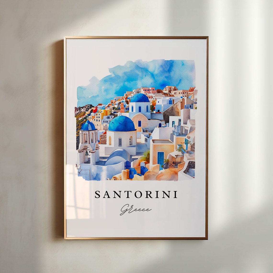 Santorini Greece Blue Domed Churches Watercolor Island Poster