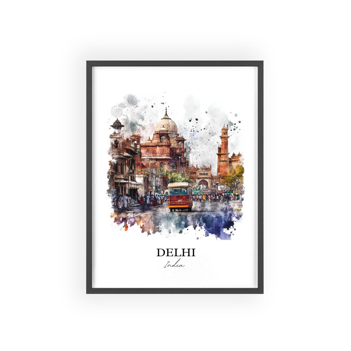 Delhi India Old City Mosque Busy Street Watercolor Travel Poster - Image 2