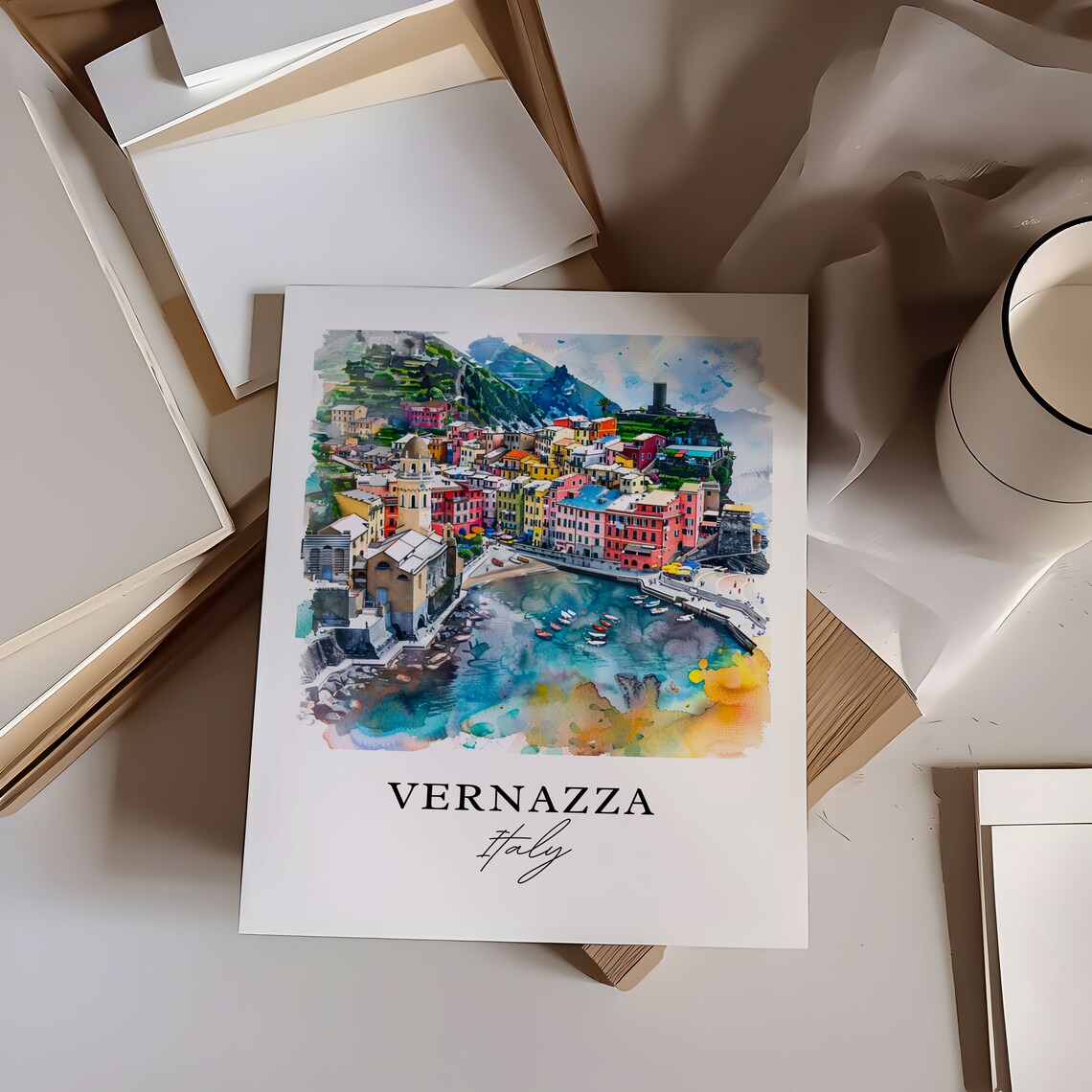 Vernazza Italy Cinque Terre Coastal Village Watercolor Poster - Image 6