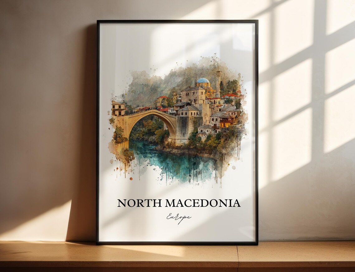 North Macedonia Europe Old Stone Bridge Watercolor Travel Poster