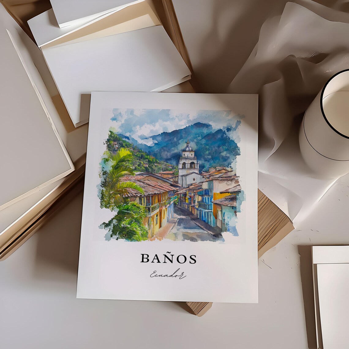 Baños Ecuador Watercolor Mountain Town Church Street Art Poster - Image 7