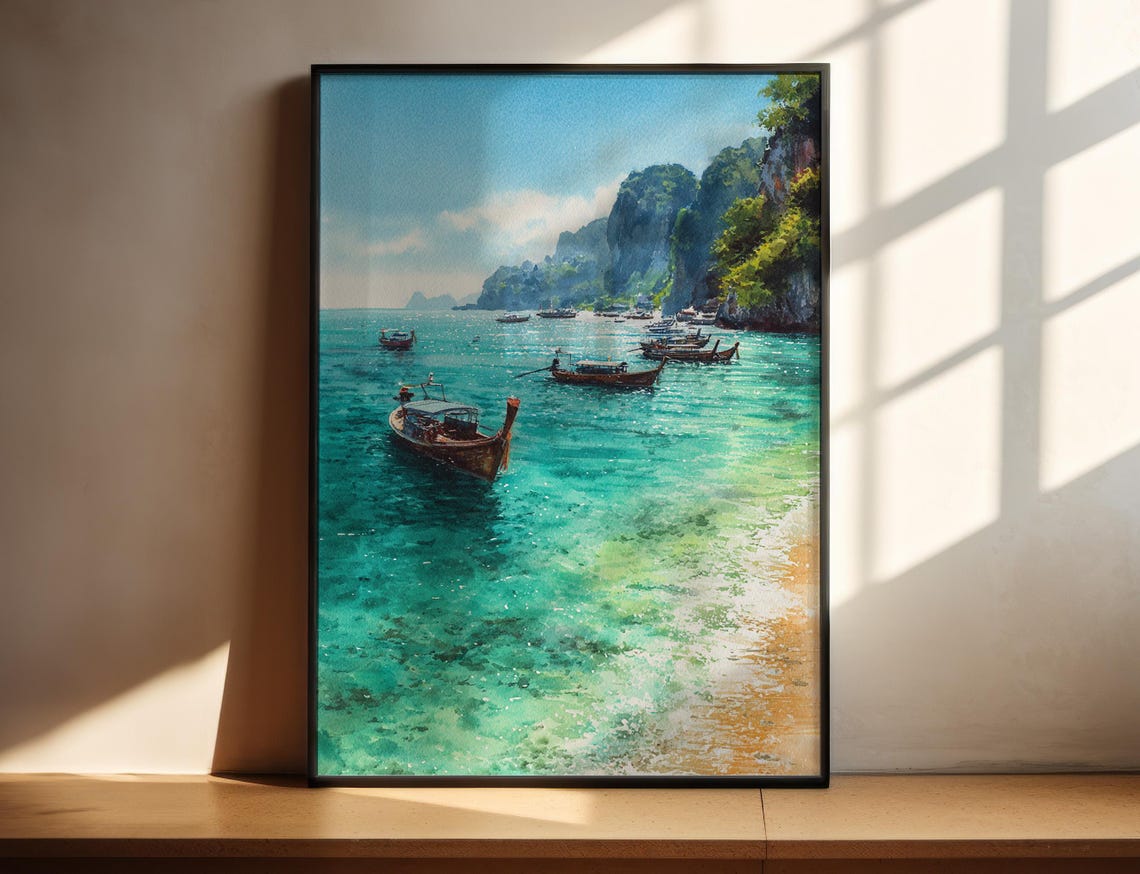Tropical Beach Cove Longtail Boats Turquoise Water Sunset Poster